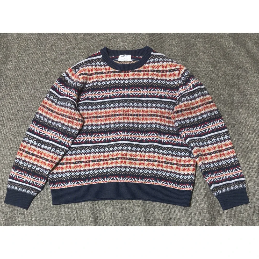 Old Navy Mens XL Sweater Fair Isle Knit Crewneck Navy Blue Multi